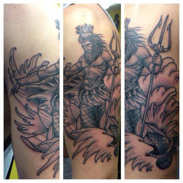 Poseidon, Half sleeve, Black and Gray, finger waves, tattoo