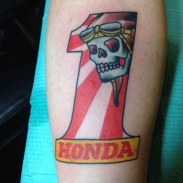 American Traditional Honda 1. Japanese motorcycle pride tattoo on forearm. 