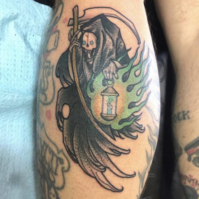 reaper tattoo, grim reaper, reaper, lantern, lantern tattoo