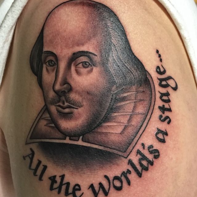 William Shakespeare, All the world's a stage, black and gray tattoo, portrait