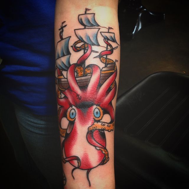 Kraken, Traditional tattoo, Sea Monster, Ship
