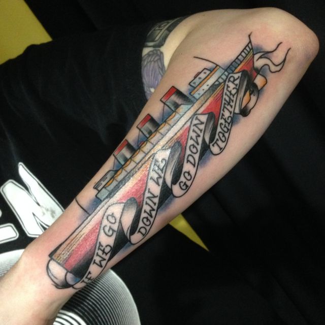 Sinking ship, traditional tattoo, banners