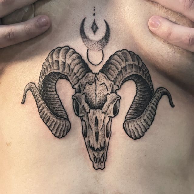 Satanic, goat, chest, underboob tattoo