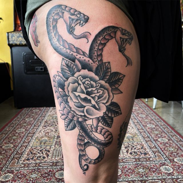 Snake tattoo, rose tattoo, 