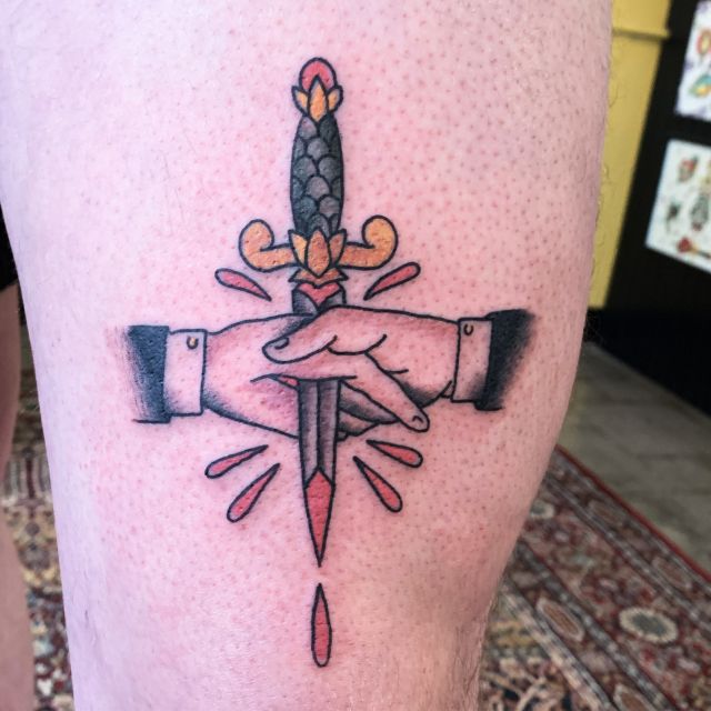 dagger tattoo, hand shake