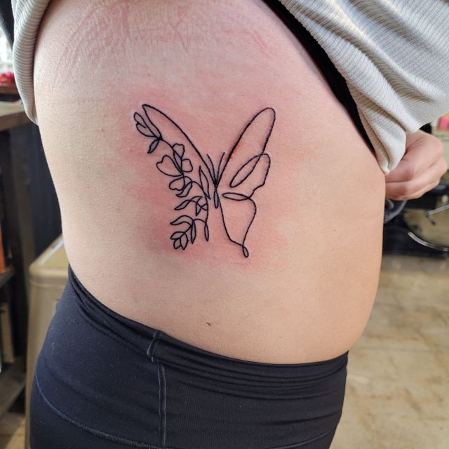 butterfly, rib tattoo, script, delicate