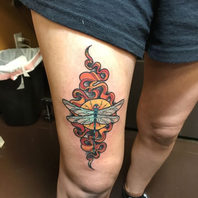 dragonfly, thigh, fire tattoo